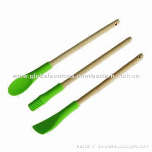 Set of 3 mini silicone spatula, brush, spoon and wood handle